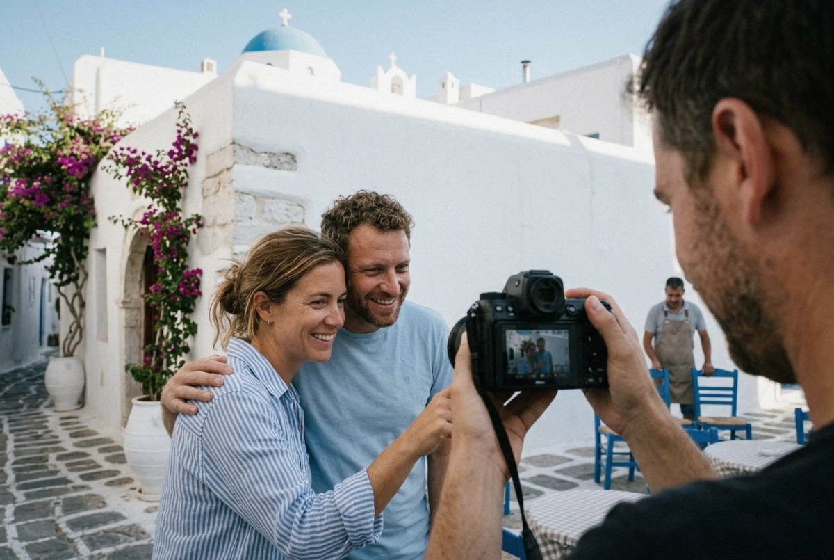 A photographer checking a camera screen beside a client in a whitewashed Mykonos alley during a Mykonos photoshoot session