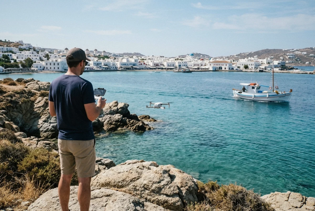 A camera drone hovering over open water off the Mykonos coastline away from the crowded harbor