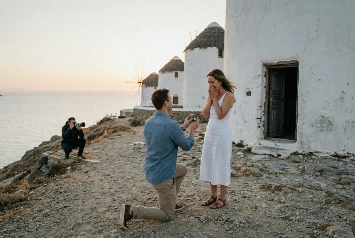Couple mid-embrace at sunrise in an empty Mykonos alley during a private proposal photoshoot