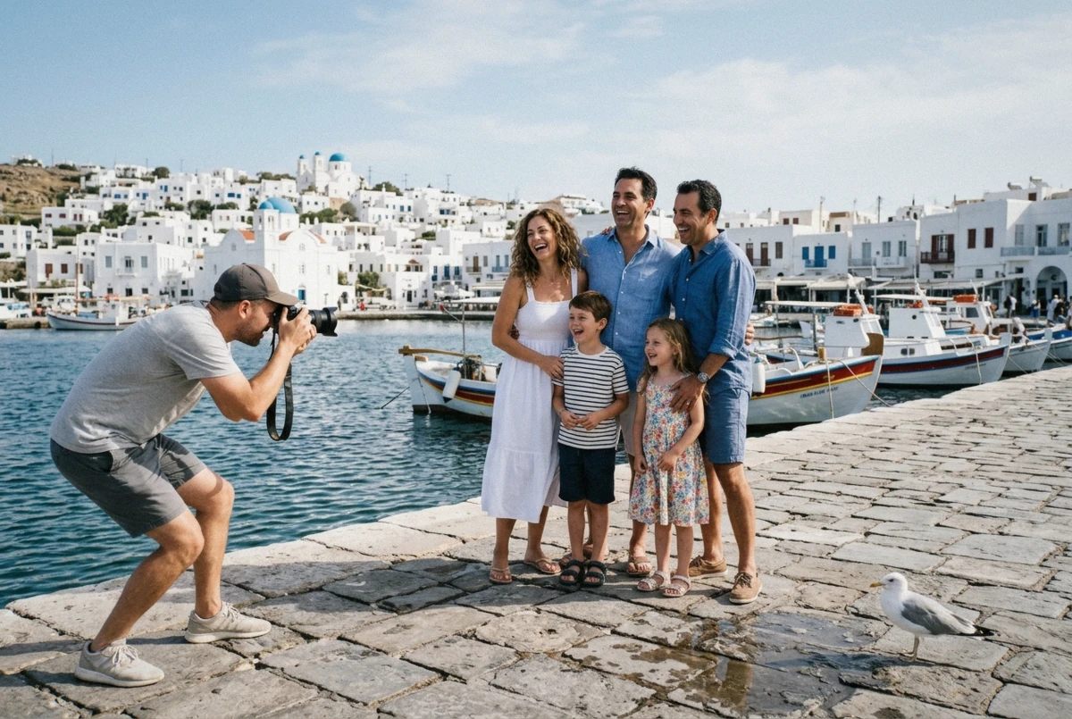 A couple mid-laugh as a photographer directs them against a whitewashed Mykonos wall during a private Mykonos photoshoot session