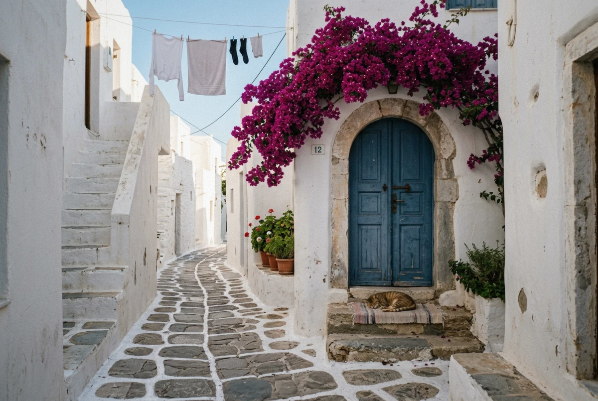 Bougainvillea cascading over a blue door in a whitewashed Chora alley on a Mykonos Town photoshoot