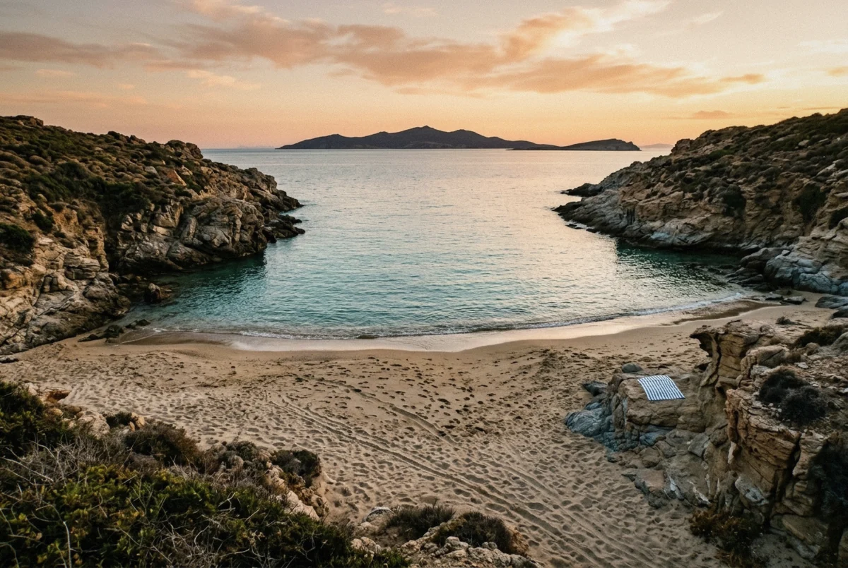 The sandy cove of Kapari beach at golden hour with Delos on the horizon, a sunset Mykonos photoshoot location