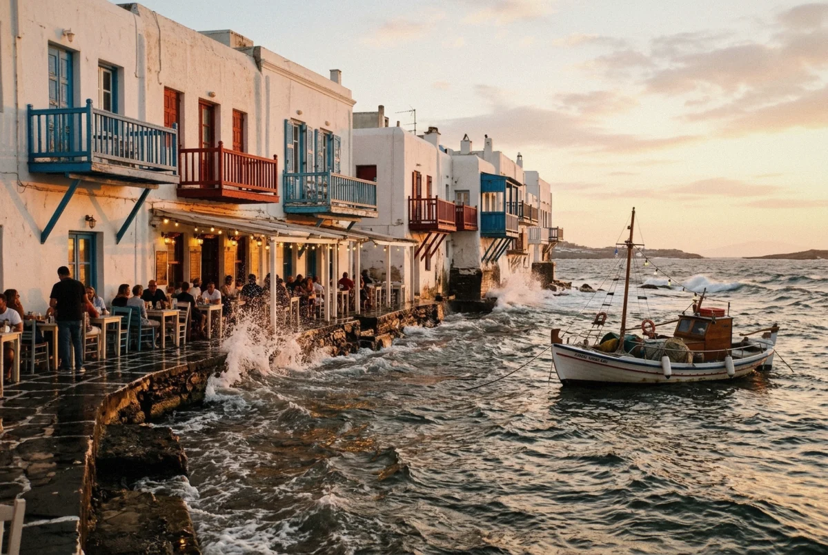 Painted wooden balconies of Little Venice hanging over the sea at sunset during a Mykonos photoshoot
