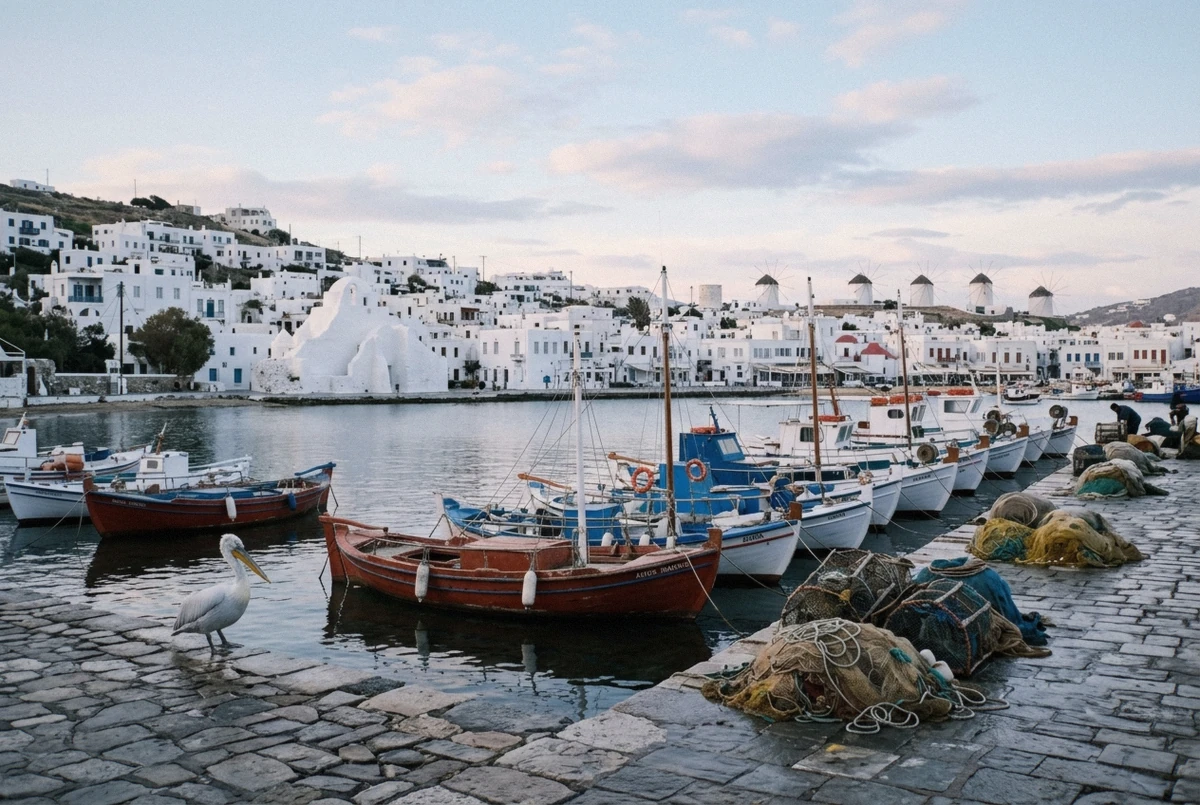 Red and blue fishing boats moored in the old port of Mykonos in early morning light on a photoshoot walk