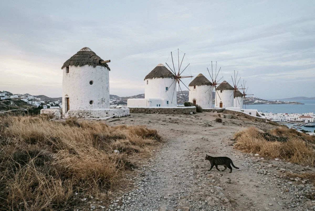 The five whitewashed windmills of Kato Milli at sunrise, the signature backdrop of a Mykonos photoshoot