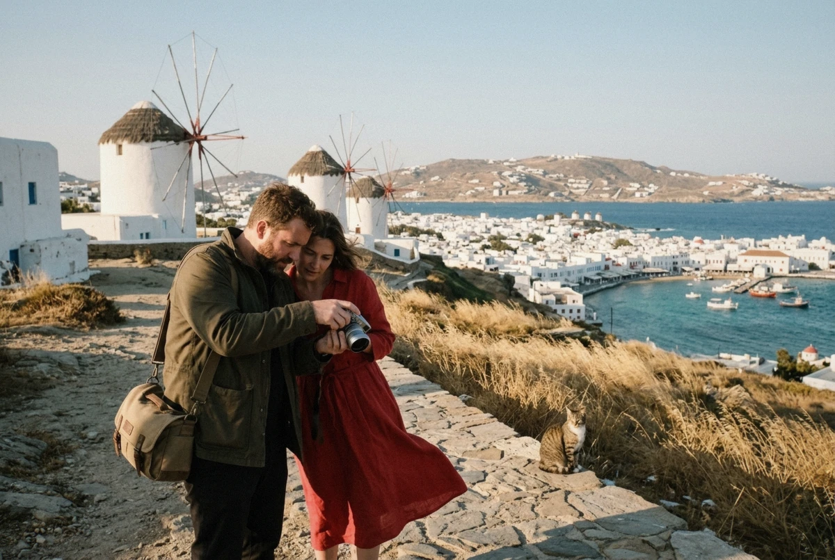 Photographer scouting the whitewashed alleys of Chora at first light, one of the best Mykonos photo spots